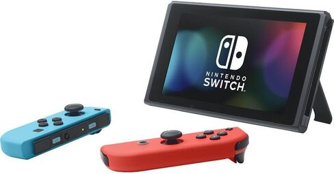 حزمة وحدة تحكم Nintendo Switch - وحدات التحكم Joy-Cons باللونين الأزرق والأحمر النيون، وقاعدة إرساء، ومقبض وحدة التحكم، وحقيبة الحمل، والكابلات والملحقات (متجددة) in Kuwait