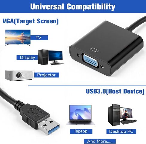 محول USB إلى VGA للشاشة، محول VGA إلى USB 3.0/2.0، كابل فيديو متعدد الشاشات 1080P لأجهزة الكمبيوتر المحمول، سطح المكتب، HDTV، الشاشة، جهاز العرض in Kuwait