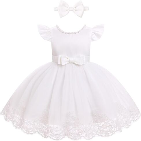 IBTOM CASTLE Toddler Baby Flower Girl Dress Pearl Lace Tulle Tutu Dress Headband Birthday Party Wedding Formal Pageant Gown in Saudi Arabia