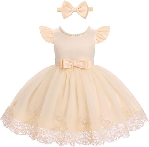 IBTOM CASTLE Toddler Baby Flower Girl Dress Pearl Lace Tulle Tutu Dress Headband Birthday Party Wedding Formal Pageant Gown in Saudi Arabia