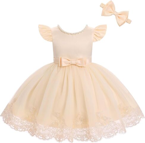 IBTOM CASTLE Toddler Baby Flower Girl Dress Pearl Lace Tulle Tutu Dress Headband Birthday Party Wedding Formal Pageant Gown in Saudi Arabia
