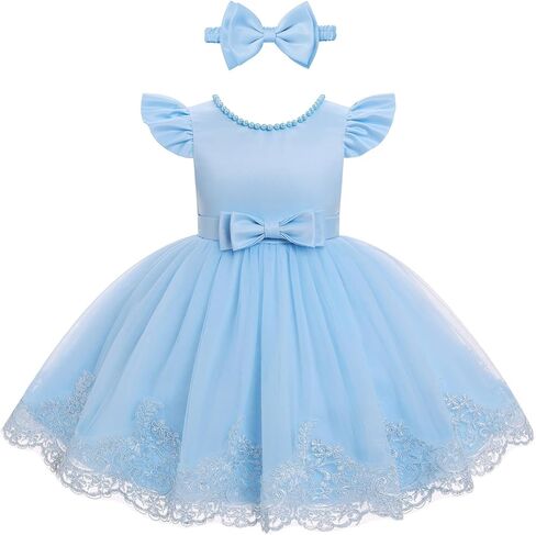 IBTOM CASTLE Toddler Baby Flower Girl Dress Pearl Lace Tulle Tutu Dress Headband Birthday Party Wedding Formal Pageant Gown in Saudi Arabia