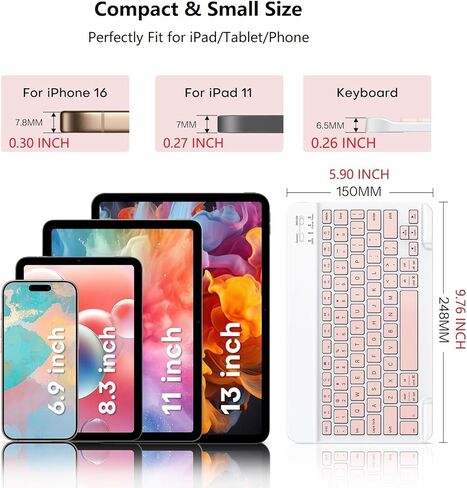 Emetok لوحة مفاتيح لاسلكية لأجهزة iPad/iOS/Android/Windows، لوحة مفاتيح بلوتوث صغيرة، تصميم محمول نحيف للغاية، استجابة أسرع قابلة لإعادة الشحن/كتابة مريحة، وردي in Kuwait