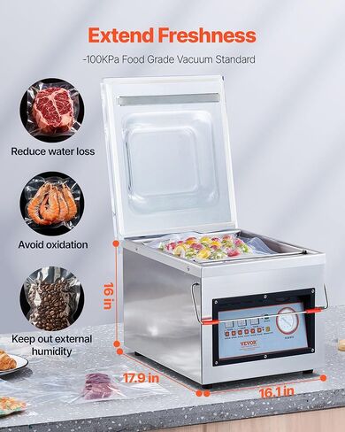 VEVOR Chamber Vacuum Sealer، قوة الختم 320W، آلة تعبئة الفراغ للأطعمة الرطبة واللحوم والمخللات وأكثر من ذلك، حجم صغير بطول إغلاق 12.6 بوصة، مطبق في المطبخ المنزلي والاستخدام التجاري in Saudi Arabia