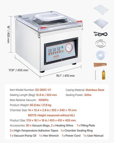 VEVOR Chamber Vacuum Sealer، قوة الختم 320W، آلة تعبئة الفراغ للأطعمة الرطبة واللحوم والمخللات وأكثر من ذلك، حجم صغير بطول إغلاق 12.6 بوصة، مطبق في المطبخ المنزلي والاستخدام التجاري in Saudi Arabia