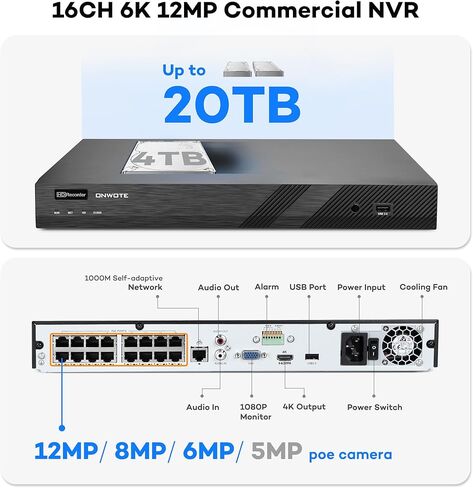 ONWOTE 16 Channel Security Camera System, Face Recognition & AcuSearch, 2 Way Audio, Smart AI Color Night, 16x 5MP 30FPS Vandal Proof PoE IP Cameras,16CH 6K 4K 12MP Commercial NVR, Total 1280ft Cables in Saudi Arabia