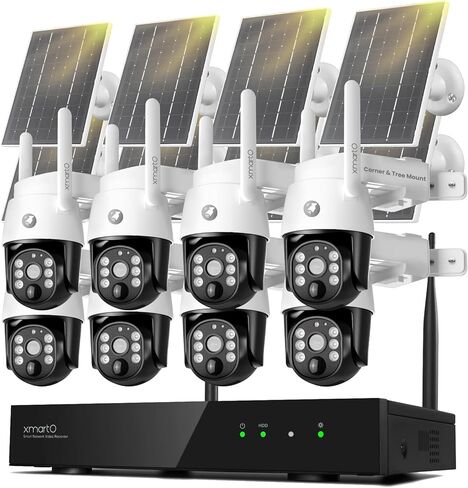xmartO 10CH 8-CAM 4MP QHD Solar Battery PTZ Security Camera System, Solar Outdoor/Indoor WiFi Camera, 5G 10CH 4K H.265 Long Range WiFi 6 Surveillance DVR NVR Kit (Pole/Tree/Wall/Ceiling Installation) in Saudi Arabia
