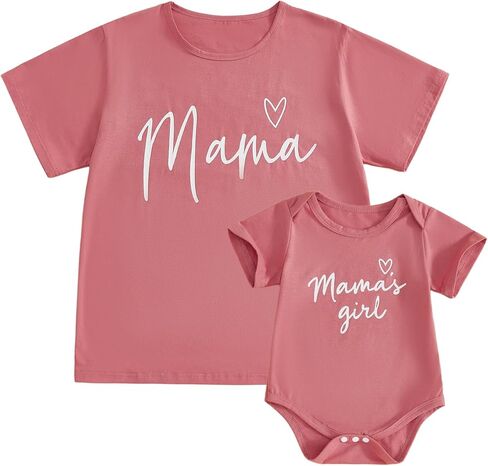 Mom and Daughter Matching Outfits Letter Heart Graphic Short Sleeve Baby Romper Mama Tee Mommy and Me Shirt in Saudi Arabia