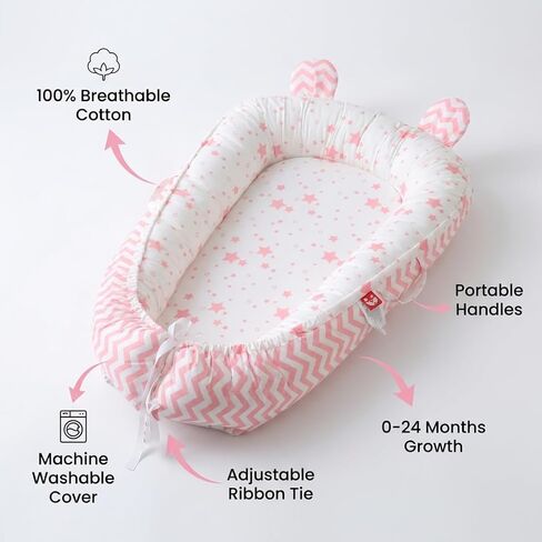 Baby Snuggle Nest Lounger for Newborn 0-24 Months, Breathable & Soft Cotton Infant Baby Nests Cover, Portable & Lightweight Infant Lounger for Home and Travel (Pink) in Saudi Arabia