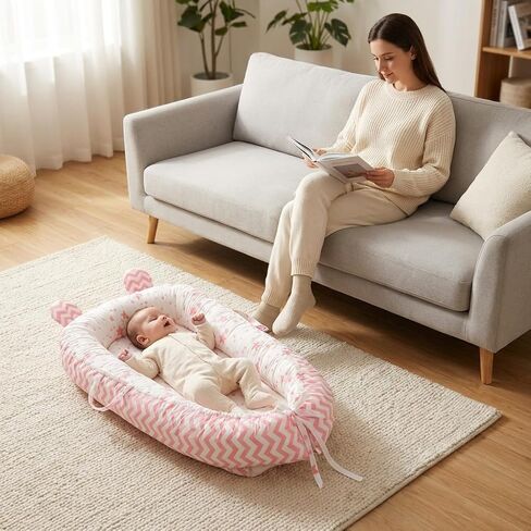 Baby Snuggle Nest Lounger for Newborn 0-24 Months, Breathable & Soft Cotton Infant Baby Nests Cover, Portable & Lightweight Infant Lounger for Home and Travel (Pink) in Saudi Arabia