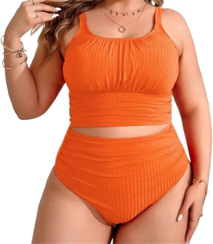 Women's Two Piece Swimsuit, Plus Size 4XL High Waisted Textured Bikini Set, Ruched Crop Top Oversize Royal Blue Swimwear in Kuwait