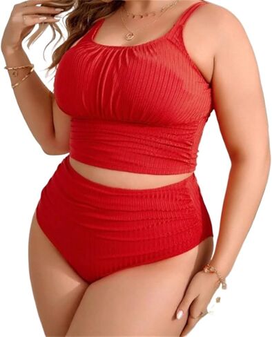 Women's Two Piece Swimsuit, Plus Size 4XL High Waisted Textured Bikini Set, Ruched Crop Top Oversize Royal Blue Swimwear in Saudi Arabia
