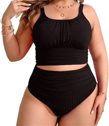 Women's Two Piece Swimsuit, Plus Size 4XL High Waisted Textured Bikini Set, Ruched Crop Top Oversize Royal Blue Swimwear in Saudi Arabia