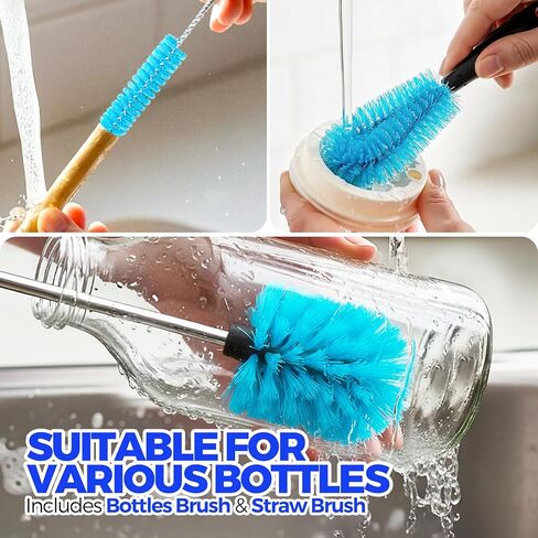Holikme 4 Pack Bottle Brush 14.5" Long Handle Stainless Steel Brush,Blue | Long-Handled 4-in-1 Stainless Steel Bottle Brushes for Water Bottle, Cups, Straw Cleaner Brush in Kuwait
