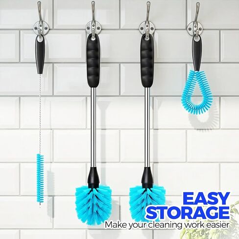 Holikme 4 Pack Bottle Brush 14.5" Long Handle Stainless Steel Brush,Blue | Long-Handled 4-in-1 Stainless Steel Bottle Brushes for Water Bottle, Cups, Straw Cleaner Brush in Kuwait