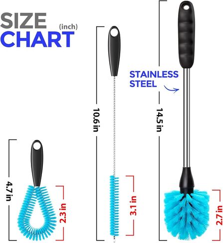Holikme 4 Pack Bottle Brush 14.5" Long Handle Stainless Steel Brush,Blue | Long-Handled 4-in-1 Stainless Steel Bottle Brushes for Water Bottle, Cups, Straw Cleaner Brush in Kuwait