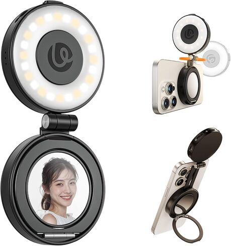 ULANZI LM23 Magnetic Selfie Light, Upgraded 360° Phone Selfie Ring Light for iPhone Magsafe, LED Phone Beauty Fill Lights with Mirror for Selfies/Video Calls/Conference/Vlogging/Photography - Black in Saudi Arabia