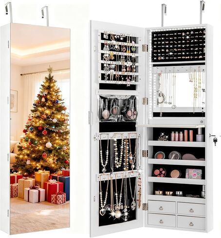 Ldaily 47 '' Jewelry Jewelry Armoire ، خزانة مجوهرات مثبتة على الأبواب/الحائط مع الضوء ، كونترتوب مستحضرات التجميل ، قابلة للقفل ، مرآة مدمجة ، 4 أدراج ، فوق الباب كامل الطول مرآة مع التخزين (أبيض) in Saudi Arabia