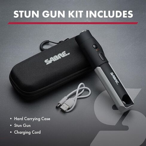 Sabre 2-in-1 Flashlight Design with Built-in Stun Gun, Powerful 1.76 µC Charge, 200 Lumen LED with 3 Modes; High, Low and Strobe, Rechargeable Battery, Hard Case and USB-C Charging Cord Included in Kuwait
