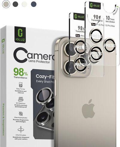 مجموعة من قطعتين من واقي عدسة الكاميرا المضادة للانعكاس لهاتف iPhone 15 Pro/15 Pro Max من iGluz - زجاج مقسى رفيع للغاية مضاد للضباب، صينية تركيب بخطوة واحدة، امتصاص قوي، مقاوم للكسر والخدش بدرجة 9H، تيتانيوم أسود in Saudi Arabia