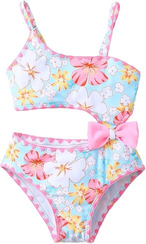Toddler Girl One-Piece Swimsuit Cut-Out Bathing Suit 2-7Y | Contrast Trim, Color Block, Adjustable Spaghetti Straps, Stretch Fabric, Quick-Drying, Baby Girls Beach Swimwear in Kuwait