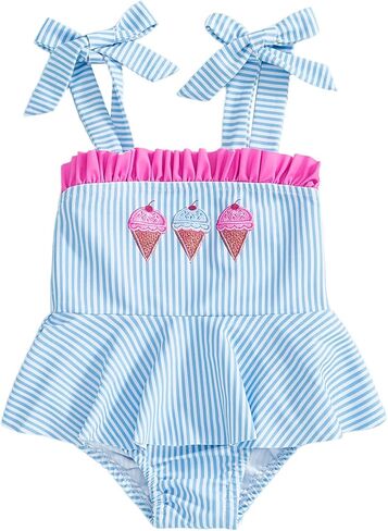 Baby Girl Swimsuits Ice Cream Embroidery Stripes Baby Girl Bathing Suit Trim Tie Infant Girl Swimwear in Saudi Arabia