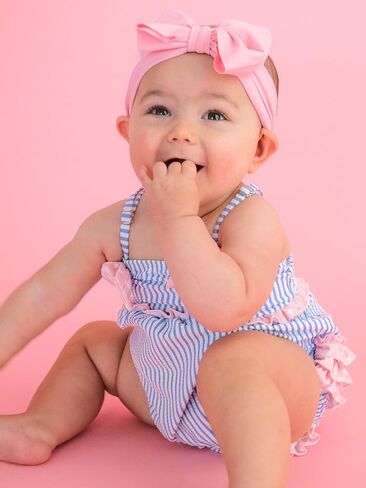 RuffleButts Baby Girls UPF50+ Seersucker One Piece Bow Bubble Romper Swimsuit in Kuwait
