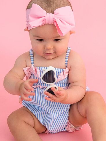 RuffleButts Baby Girls UPF50+ Seersucker One Piece Bow Bubble Romper Swimsuit in Kuwait