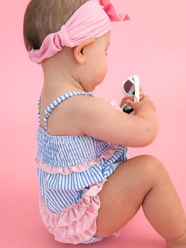 RuffleButts Baby Girls UPF50+ Seersucker One Piece Bow Bubble Romper Swimsuit in Kuwait