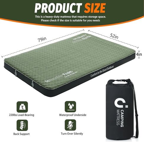 وسادة تخييم ذاتية النفخ مقاس 4 بوصات من CYMULA، مرتبة نوم مزدوجة الحجم سميكة للغاية مقاس 79 بوصة × 52 بوصة × 4 بوصة، وسادات إسفنجية قابلة للنفخ للتخييم مع كيس مضخة هواء، مناسبة للبالغين، والسفر على الظهر، باللون الأخضر العسكري in Kuwait