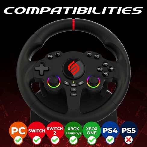SUBSONIC - عجلة قيادة Superdrive 220 RS - عجلة سباق LED مزدوجة بعصا التحكم، دوران 180 درجة، مع دواسات ومبدلات مجداف. لجهاز سويتش 2 / سويتش، وبلاي ستيشن 4، والكمبيوتر الشخصي، وإكس بوكس ​​- أسود in Kuwait