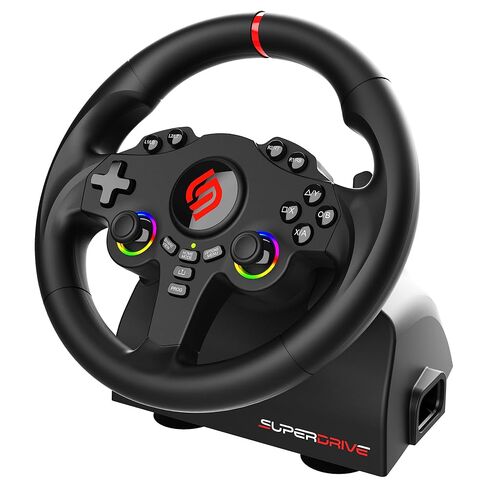 SUBSONIC - عجلة قيادة Superdrive 220 RS - عجلة سباق LED مزدوجة بعصا التحكم، دوران 180 درجة، مع دواسات ومبدلات مجداف. لجهاز سويتش 2 / سويتش، وبلاي ستيشن 4، والكمبيوتر الشخصي، وإكس بوكس ​​- أسود in Kuwait