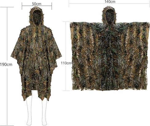 Ginsco 3D Leafy Camo Poncho Camoflage Woodland Cape Lightweight Ghillie Suit for Men, Ghillie Hood for Turkey Hunting Bird Watching Military Training Outdoor Airsoft Wildlife Photography Halloween in Kuwait