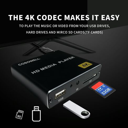 مشغل وسائط 4K لمحرك USB وSD، مشغل لافتات رقمية فائقة الدقة مع مخرج HDMI/AV، فيديو H.265 H.264 MKV MP4، موسيقى MP3، صور JPG، تشغيل واستئناف تلقائي، تشغيل متكرر in Saudi Arabia