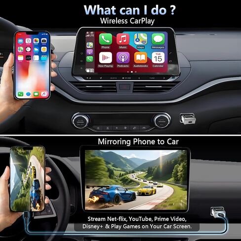 محول CarPlay اللاسلكي مع بث فيديو DP سلكي لـ Net-Flix YouTube TikTok، انعكاس الشاشة لنظامي iOS وAndroid، التحكم الصوتي في مكالمات الموسيقى، متوافق مع CarPlay السلكية in Kuwait