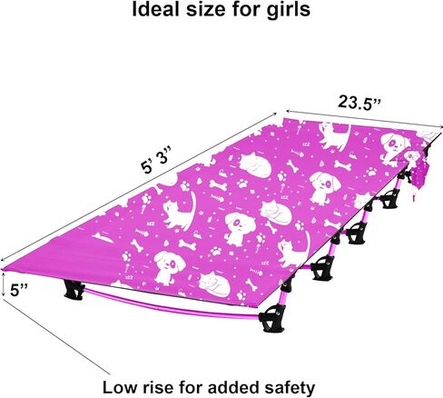 Kids Camping Cot and Toddler Travel Bed | Lightweight and Compact Cots for Sleeping | Portable Folding Cot for Toddler, Kids, Youth and Even Adults (Pink, 63" x 23.5") in Saudi Arabia