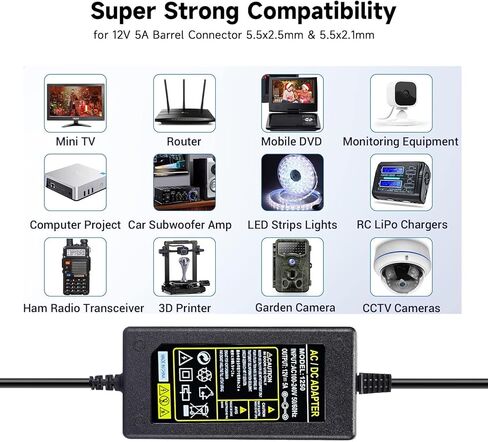 Power Adapter 12V 5A 4A 3A 2.5A 2A 1A AC DC Power Supply Cord Cable 5.5x2.1mm for Sceptre EC Series Monitor,ONN,AOC,Dell,Webcam, Router, Projector, CCTV, Speakers & More 12v 5a Monitor Charger in Saudi Arabia