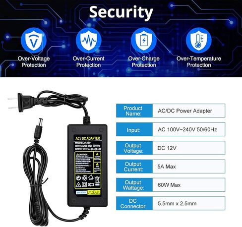 Power Adapter 12V 5A 4A 3A 2.5A 2A 1A AC DC Power Supply Cord Cable 5.5x2.1mm for Sceptre EC Series Monitor,ONN,AOC,Dell,Webcam, Router, Projector, CCTV, Speakers & More 12v 5a Monitor Charger in Saudi Arabia
