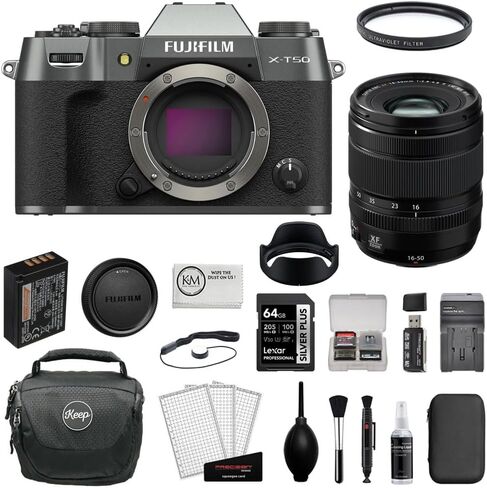 حزمة كاميرا FUJIFILM X-T50 بدون مرآة (فضي فحمي) مع عدسة Tamron مقاس 17-70 مم f/2.8 Di III-A VC RXD + بطاقة 64 جيجابايت + فلتر للأشعة فوق البنفسجية + شاحن بطارية + حقيبة كاميرا + طقم تنظيف + قطعة قماش (12 قطعة) in Saudi Arabia