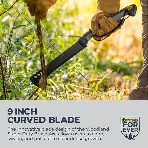 فأس فرشاة فائقة التحمل من Woodland Tools - شفرة منحنية مقاس 9 بوصة مع تانغ كامل ثلاثي مثبت، ومقبض طويل، وعمود الفقري للضرب، وغمد من النايلون الباليستي - أداة يدوية لتنظيف الفرشاة وعمل الممرات in Kuwait