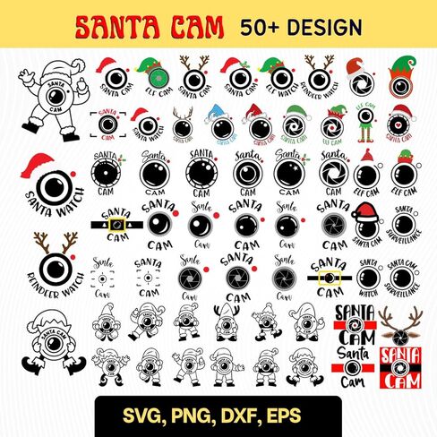 50+ حزمة تصميم سانتا كام SVG | SVG Png Pdf Eps Dxf تنسيق الملف تنزيل رقمي فوري | طباعة الملابس عيد الميلاد ديكور المنزل Raindeer Elf Cam Watch Icon 0047 in Saudi Arabia
