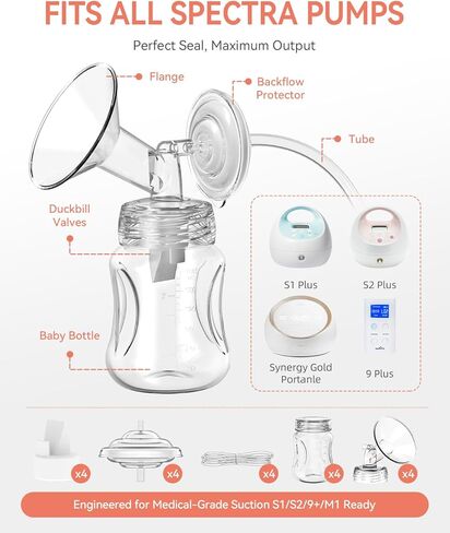 مجموعة استبدال أجزاء مضخة الثدي ذات الشفاه مقاس 24 مم من 4 قطع لـ Spectra S1/S2/S9 Plus/Synergy Gold - تتضمن صمامات منقار البط، وحاميات التدفق الخلفي، والأنابيب والزجاجات (ليست ملحقات أصلية) in Saudi Arabia