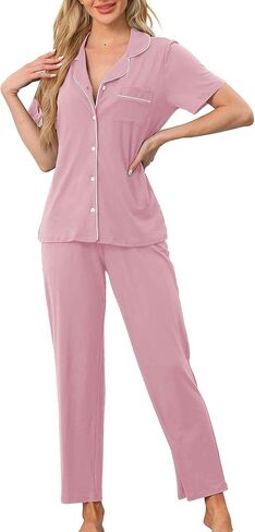 cheibear Womens Pajama Set Button Down Soft Short Sleeve Sleepwear Long Pants 2 Piece Lounge Set in Saudi Arabia