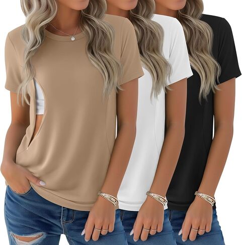 3 Pack Women's Nursing Shirts | Breastfeeding Zippers, Loose Fit, Short Sleeve, Maternity Tops, Pregnancy Clothes, Nursing, Hospital, Daily Wear in Saudi Arabia