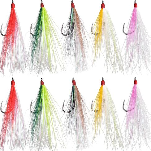 Fishing Bucktail Teaser High Carbon Steel Fishing Hooks,10pcs Saltwater Fish Jigs Teaser Lures with Crystal Flash Feather Skirt for Flounder Salmon Trout Sea Bass Steelhead (5 Size Mixed - 10PCS) in Saudi Arabia