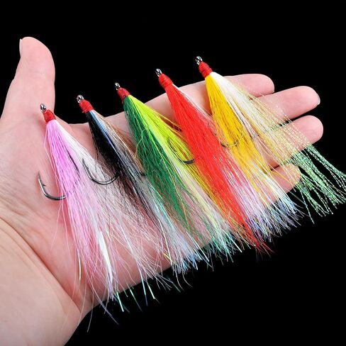Fishing Bucktail Teaser High Carbon Steel Fishing Hooks,10pcs Saltwater Fish Jigs Teaser Lures with Crystal Flash Feather Skirt for Flounder Salmon Trout Sea Bass Steelhead (5 Size Mixed - 10PCS) in Saudi Arabia
