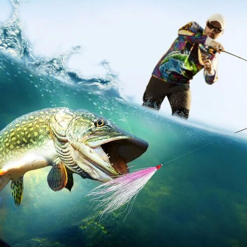 Fishing Bucktail Teaser High Carbon Steel Fishing Hooks,10pcs Saltwater Fish Jigs Teaser Lures with Crystal Flash Feather Skirt for Flounder Salmon Trout Sea Bass Steelhead (5 Size Mixed - 10PCS) in Saudi Arabia
