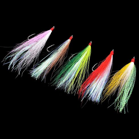 Fishing Bucktail Teaser High Carbon Steel Fishing Hooks,10pcs Saltwater Fish Jigs Teaser Lures with Crystal Flash Feather Skirt for Flounder Salmon Trout Sea Bass Steelhead (5 Size Mixed - 10PCS) in Saudi Arabia