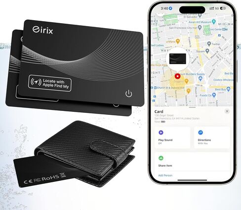 بطاقة تعقب المحفظة، مكتشف رفيع، مكتشف العناصر يعمل مع Apple Find My (iOS فقط)، محدد موقع العناصر المقاوم للماء IP68 لبطاقات الأمتعة وجوازات السفر والحقائب (1 أسود) in Kuwait