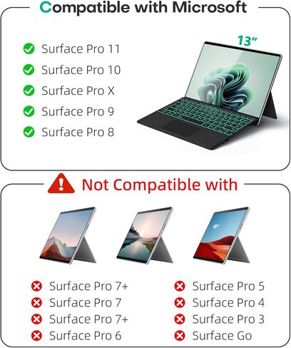 لوحة مفاتيح Surface Pro لجهاز Microsoft Surface Pro 11/10/9/8/X 13 بوصة، غطاء محمول بإضاءة خلفية 7 ألوان، لوحة مفاتيح بلوتوث لاسلكية مغناطيسية مريحة للغاية، لوحة تتبع، إعادة شحن USB-C، حامل أقلام in Saudi Arabia